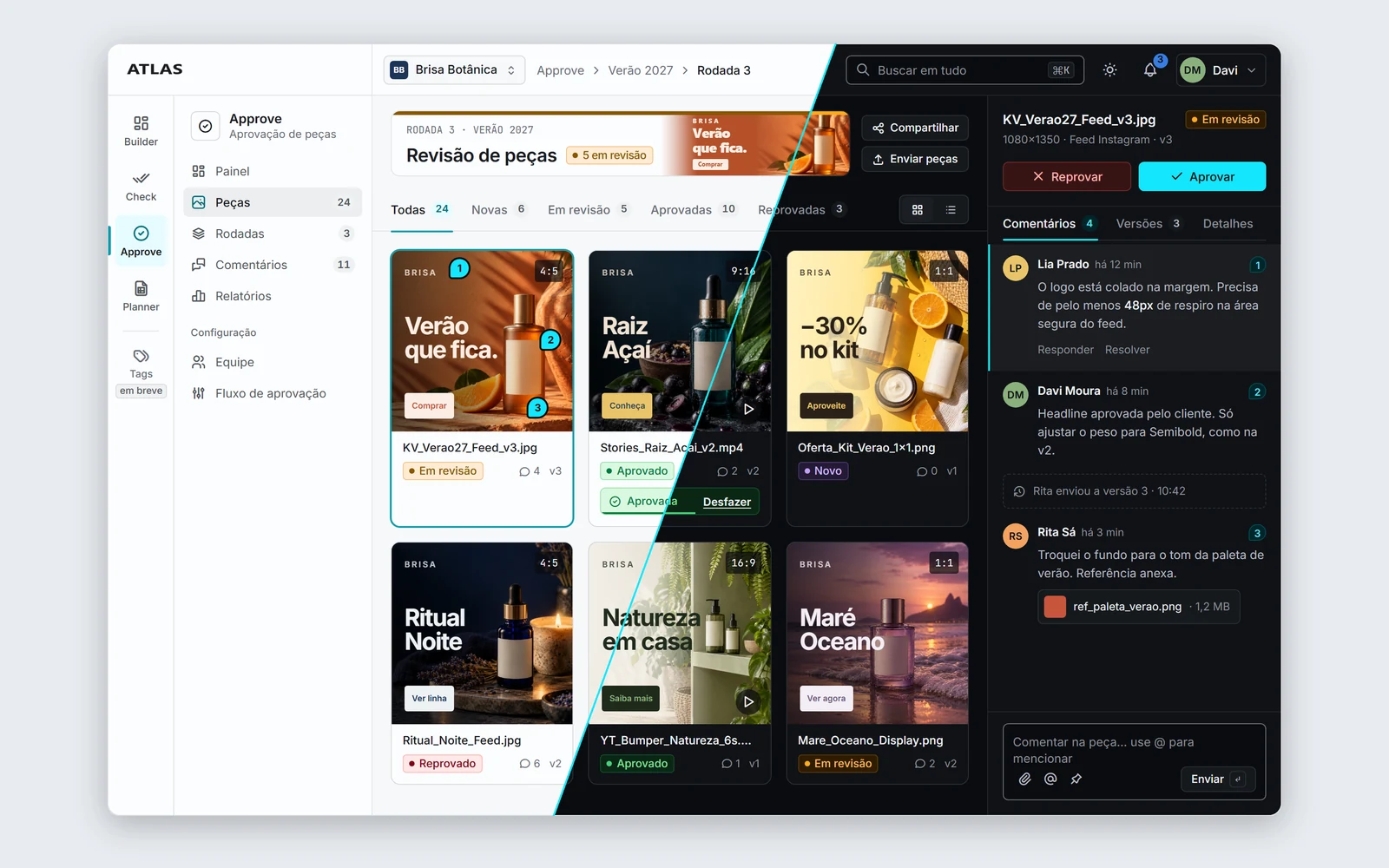 Shared platform shell on a creative review screen, light and dark